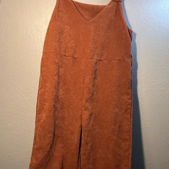 Shien Rust Brown Corduroy Overalls SZ L V Neck One-Piece Long Dress - Picture 5 of 8